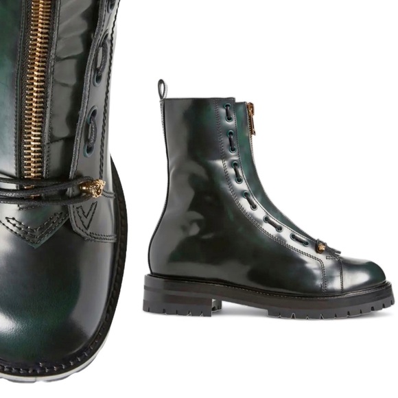 Versace Other - Versace Column Combat Boots Dark Green Leather Gold Medusa Logo Mens EU 41 US 8